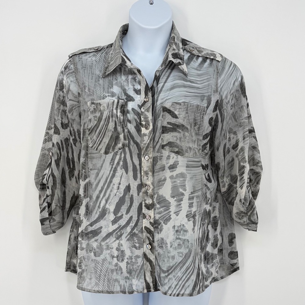 Chicos Button Down Blouse Women 2 Grey Animal Print Sheer Roll Tab Safari Chic